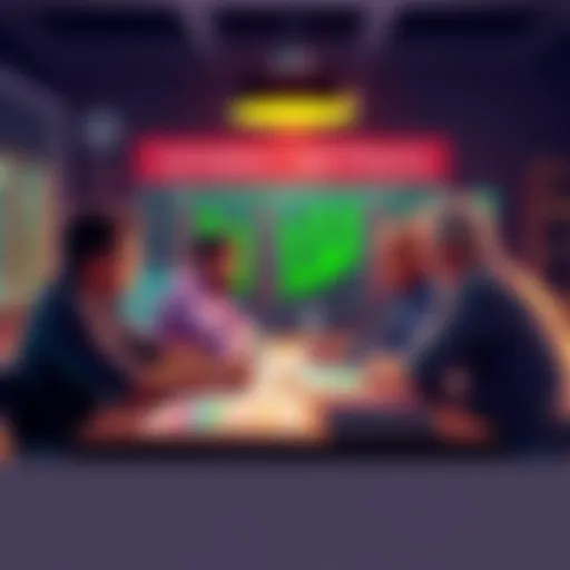 A group of people discussing betting strategies at a table with charts and graphs