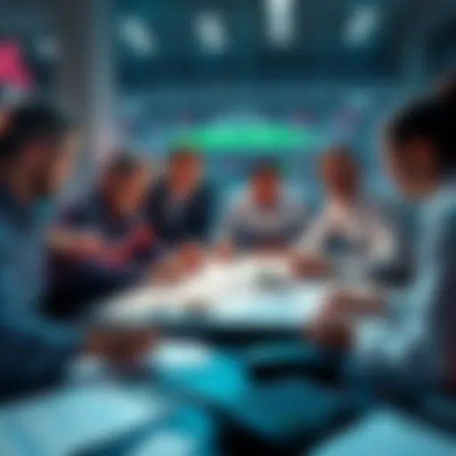 A group of people analyzing betting strategies with sports data and graphs on a table