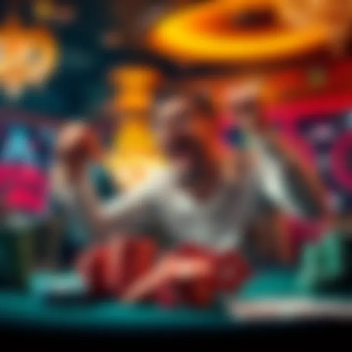 A player celebrating a victory at a gaming table with chips and cards