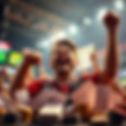 A person celebrating a win in sports betting, with a smile and fist raised in excitement, surrounded by betting slips and winning amounts.