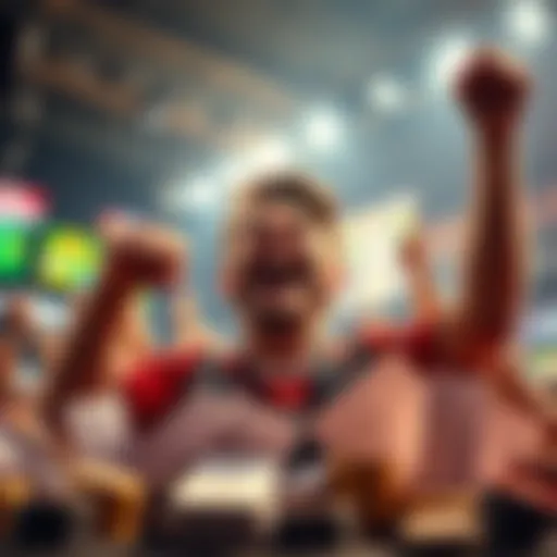A person celebrating a win in sports betting, with a smile and fist raised in excitement, surrounded by betting slips and winning amounts.