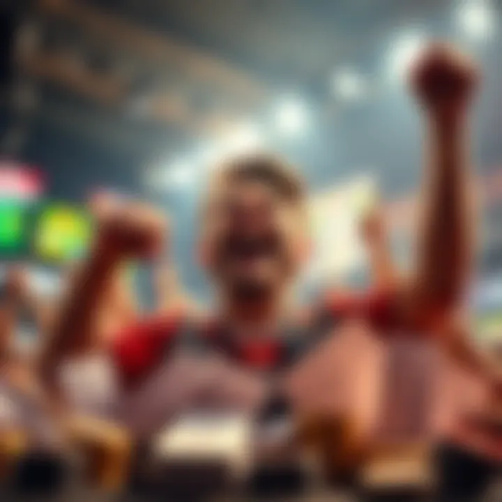 A person celebrating a win in sports betting, with a smile and fist raised in excitement, surrounded by betting slips and winning amounts.
