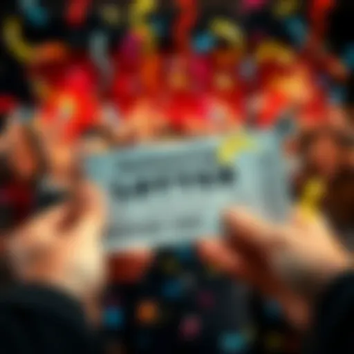 A close-up of a winning lottery ticket with excited hands holding it, surrounded by confetti and smiling faces