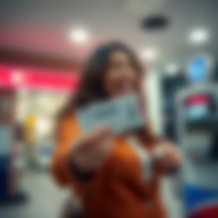 A woman celebrating with a lottery ticket in her hand at a Kroger gas station, showing joy and excitement after a win.