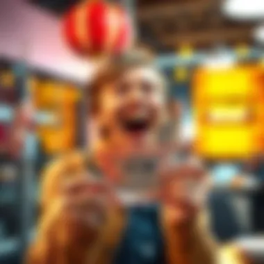 A person excitedly holding up a winning lottery ticket with a big smile in a celebratory setting.