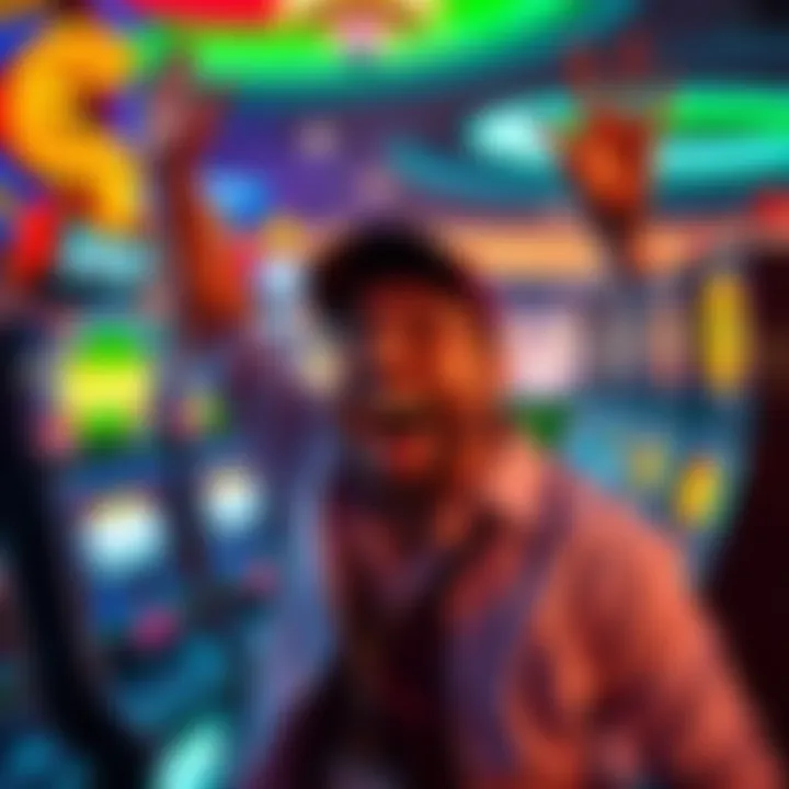 Winning Moment at Hollywood Casino A player celebrating a $5,000 payout at Hollywood Casino in Detroit, showing excitement and joy in front of the slot machine.
