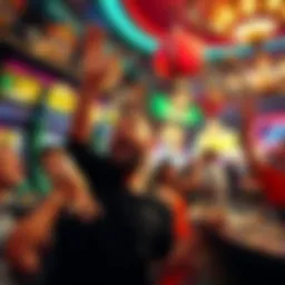 Winning Moment in New Orleans A person celebrating a big gambling win in New Orleans casino, surrounded by cheering friends and money being counted.