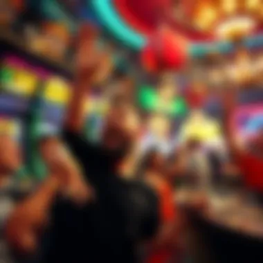 Winning Moment in New Orleans A person celebrating a big gambling win in New Orleans casino, surrounded by cheering friends and money being counted.
