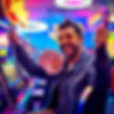 Winning Moment at Odins A person celebrating a big win at a gaming machine in Odins, with joyful expressions and money in hand.