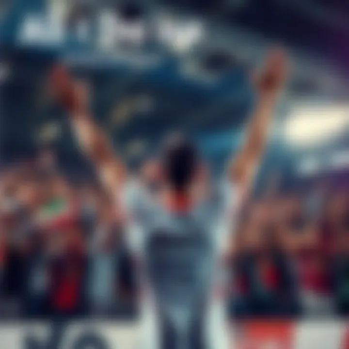 An athlete celebrating victory with arms raised in the air, surrounded by a cheering crowd