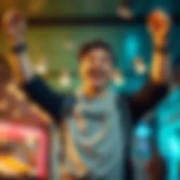 A person joyfully celebrating after winning free money, with a big smile and raised arms in a bright, lively setting.