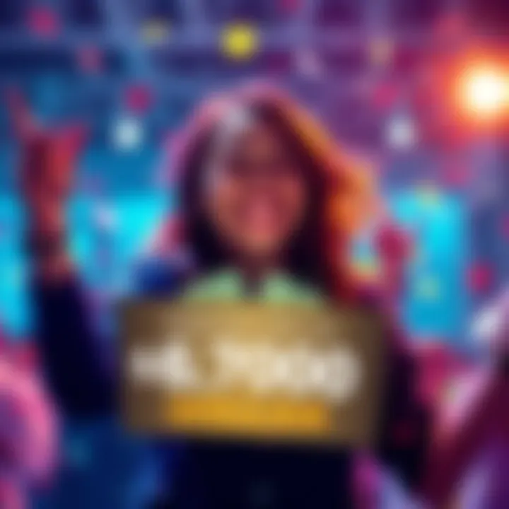 A person celebrating with money and a banner for a cash prize. Bright colors and joyful expression emphasize the excitement of winning.