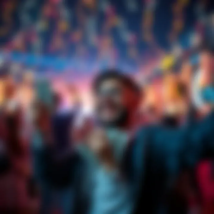 A person celebrating with cash and a big smile after winning a contest. The background shows a lively atmosphere with colorful lights.