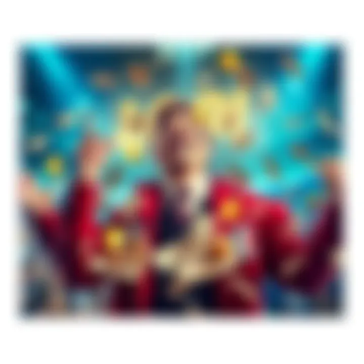 A person celebrating a big win from betting, surrounded by money and betting slips