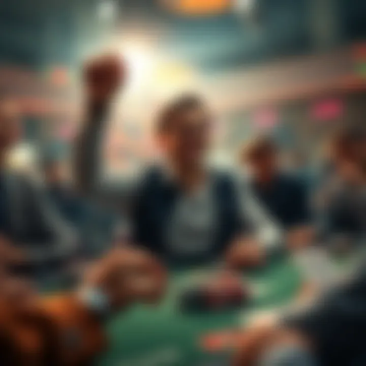 Winning Poker Moment A player celebrating after winning a poker game, surrounded by eliminated opponents at the final table.