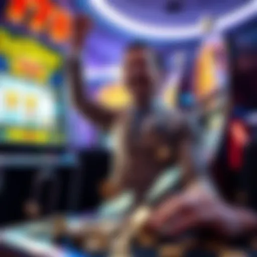 A player celebrating a big win at a slot machine with coins and cash around them