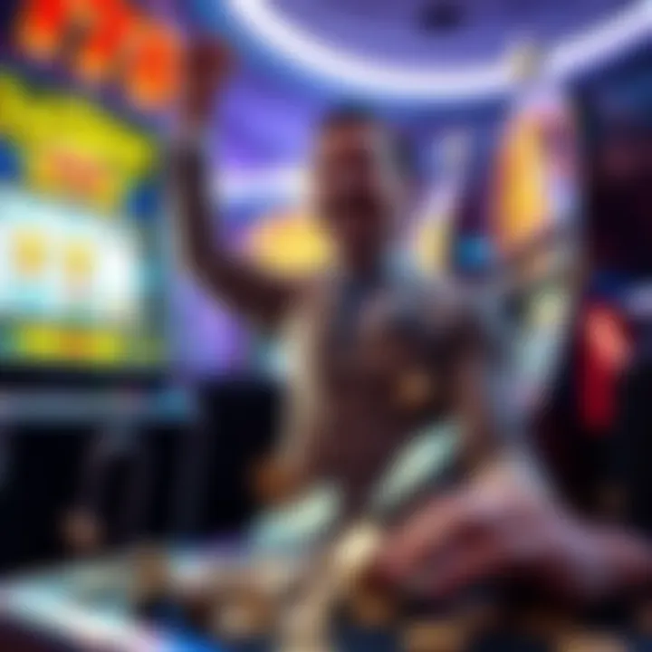 Winning Slot Machine Jackpot A player celebrating a big win at a slot machine with coins and cash around them