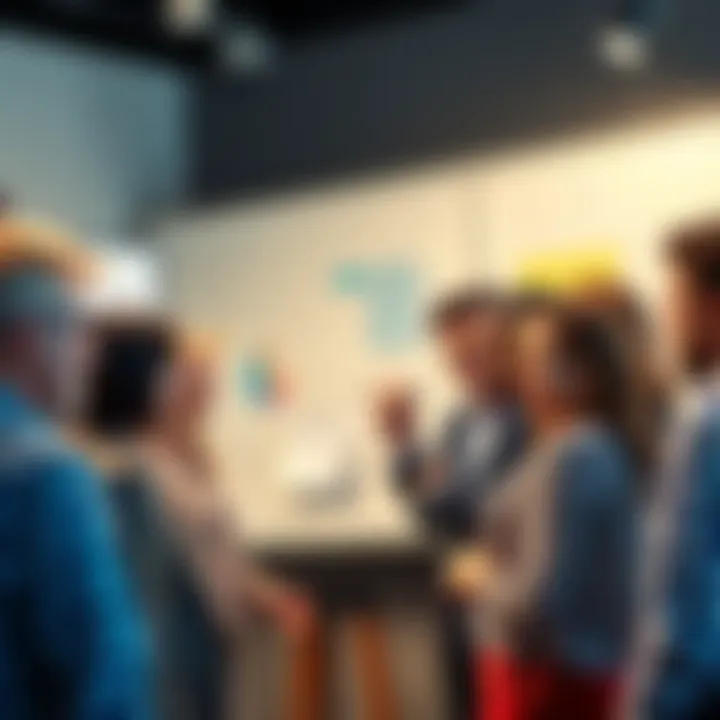 A group of diverse people discussing strategies to win in competitions, with a whiteboard in the background filled with notes and plans.