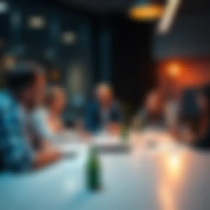 A group of people discussing strategies for success at a round table, with charts and notes visible.