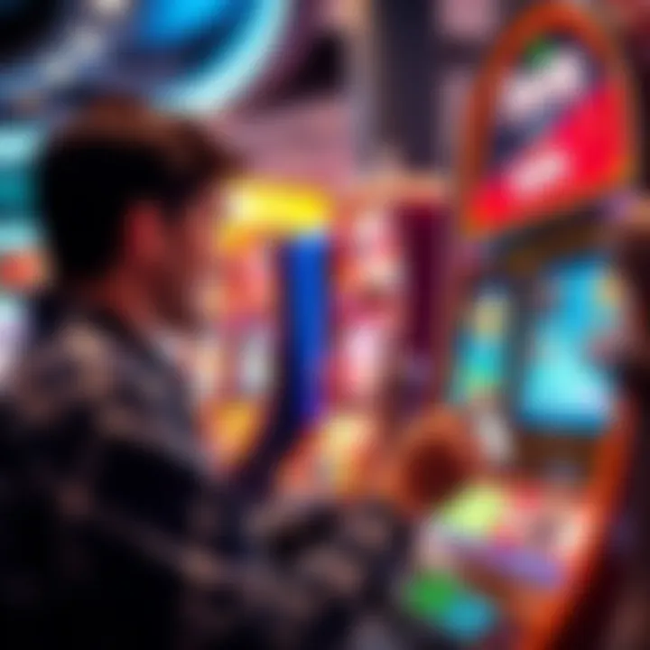 A person playing a modern slot machine labeled 3lucky sparks, surrounded by bright lights and a joyful atmosphere, showcasing excitement and potential winnings.
