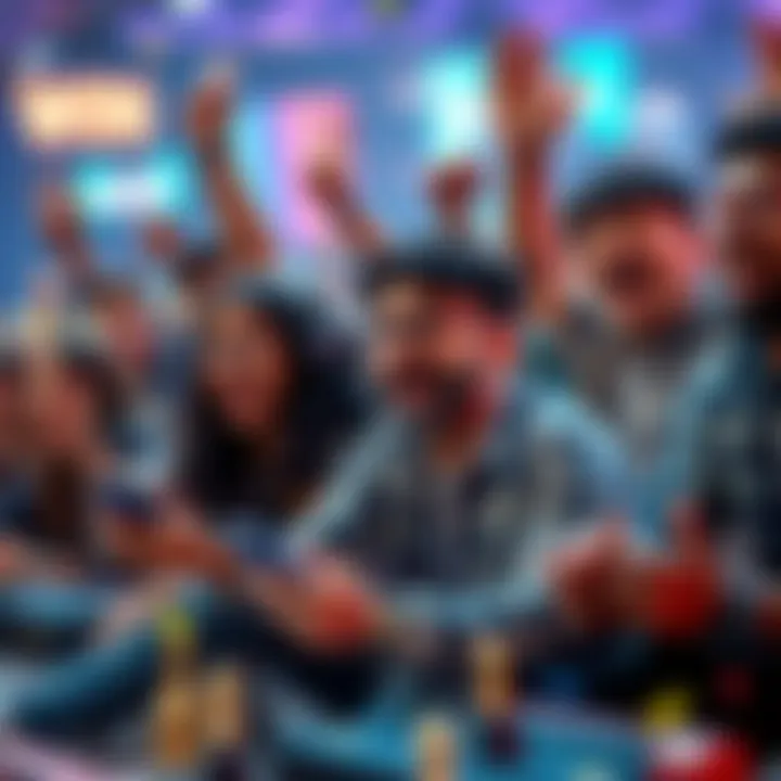 A group of diverse people celebrating wins while playing games, showcasing excitement and joy
