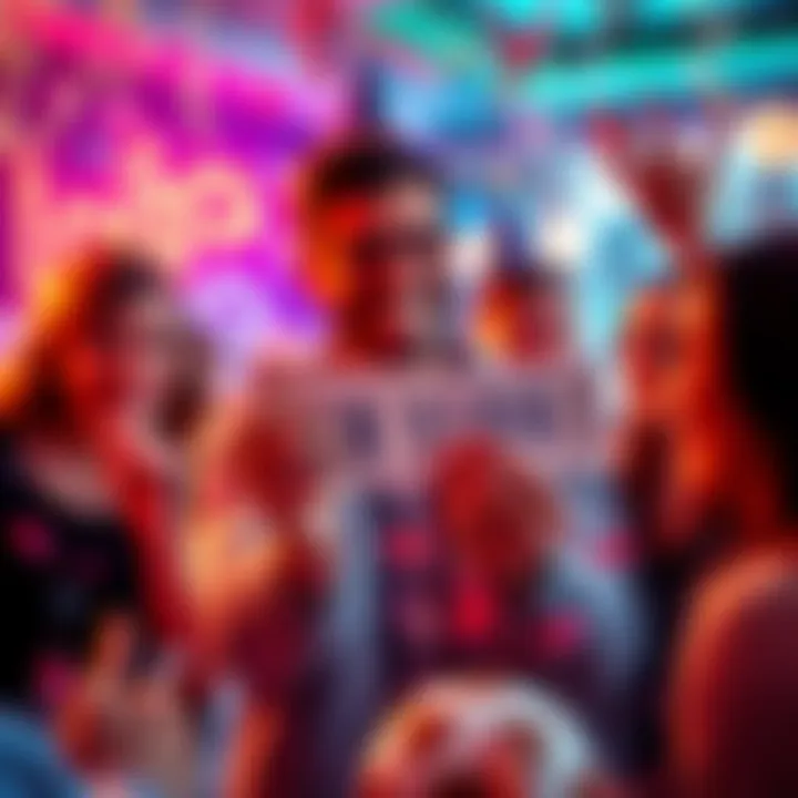 A person holding winning lottery tickets and celebrating with friends, surrounded by confetti and festive decorations.