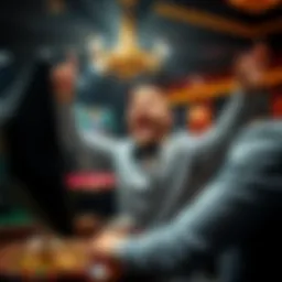 A player excitedly celebrates a winning streak while playing online roulette and blackjack on a computer screen.