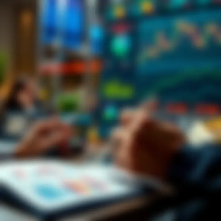 A person analyzing a notebook with financial graphs and charts, looking focused on maximizing profits