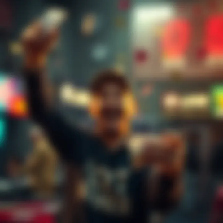 A person celebrating a big win on an online gambling platform with cash in hand