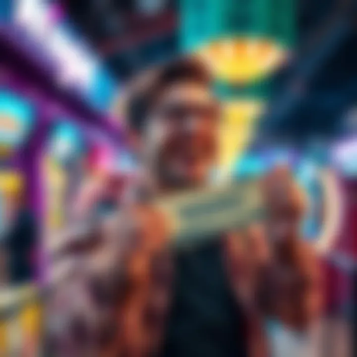 A happy person celebrating their wins at five stores, holding a ticket for the game Money Match