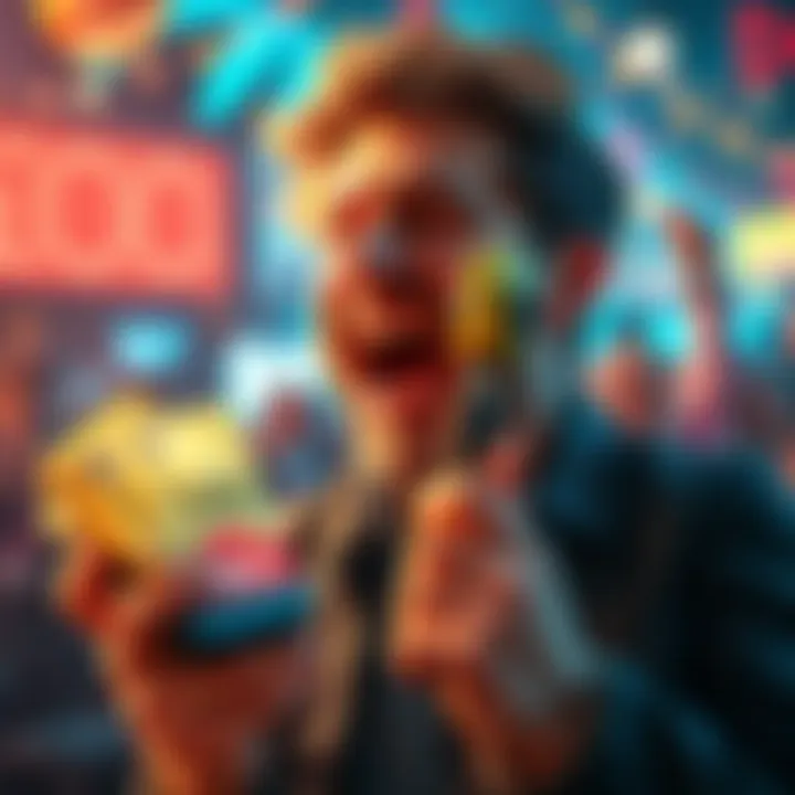 A person celebrating a win with cash and a phone showing a gambling hotline