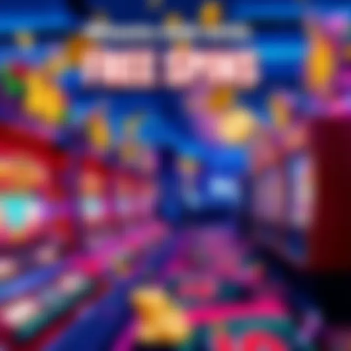 A casino scene with colorful slot machines showcasing free spins and coins being won.