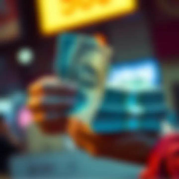 A person holds two dollar bills in one hand and a stack of cash in the other, symbolizing potential winnings.