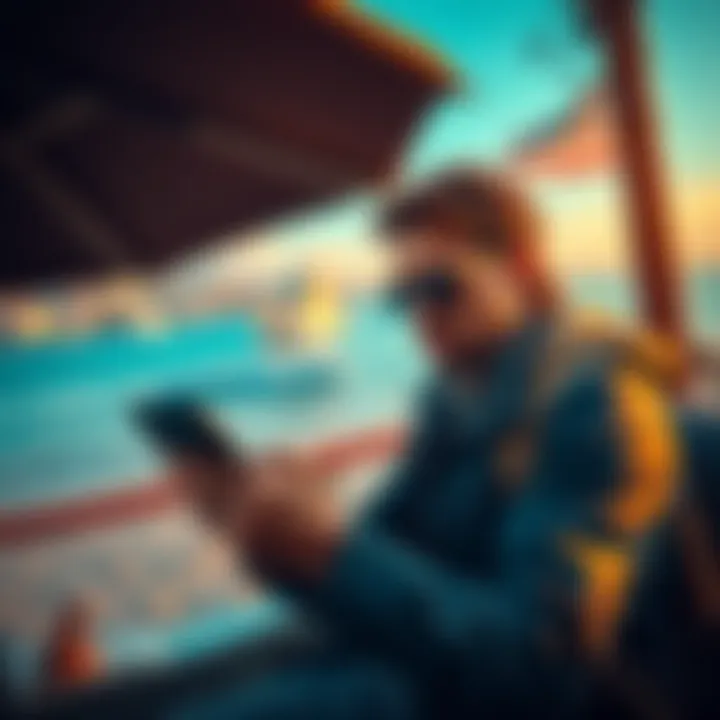 Person checking a sports betting app on vacation while looking concerned about legality issues.