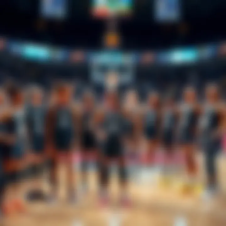 WNBA 2026 Team Roster A lineup of WNBA players in their uniforms on the court, showing determination and teamwork, with coaches and fans in the background