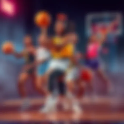 A group of stylish WNBA players showcasing their basketball skills while dressed in trendy outfits, symbolizing sport and influence.