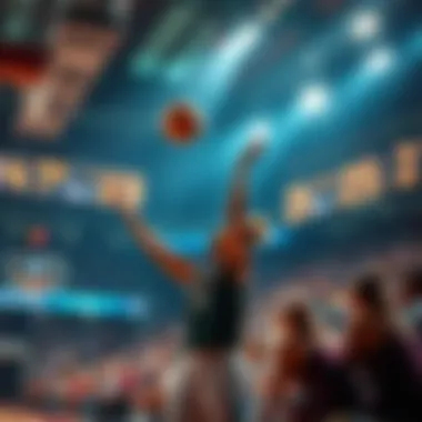 A basketball player takes a shot during a WNBA game while fans watch in the stands