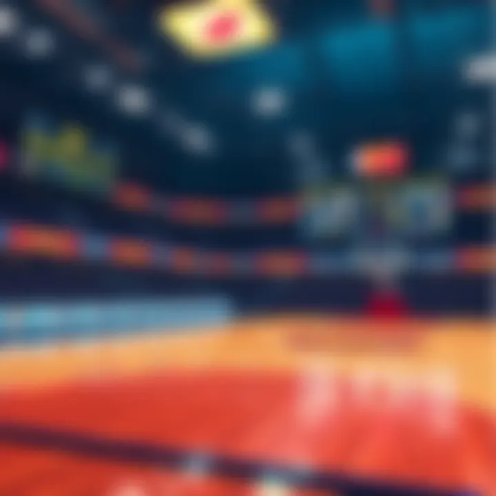 A basketball court with a scoreboard showing WNBA teams, with betting odds displayed on a digital screen nearby.
