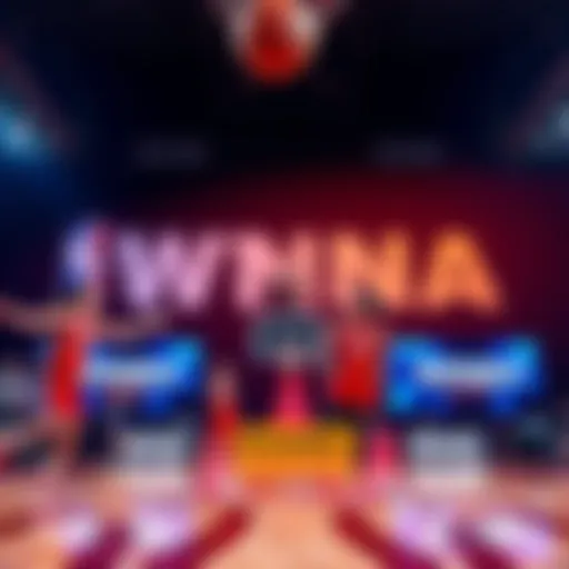 A basketball court with WNBA branding, featuring players in action and betting lines on the side.