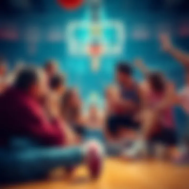 A basketball scene showing people excitedly discussing WNBA betting strategies with odds displayed.