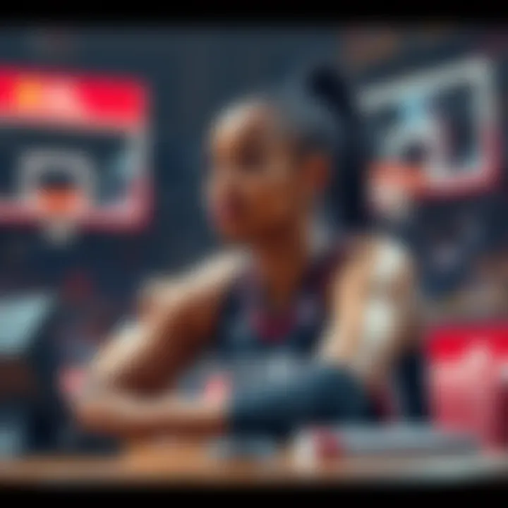 A WNBA player sitting at a table, looking pensive and weighing options for betting on a game