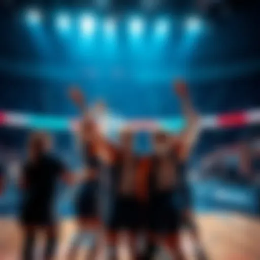 WNBA players celebrating WNBA players celebrating a recent victory on the court with fans cheering in the background