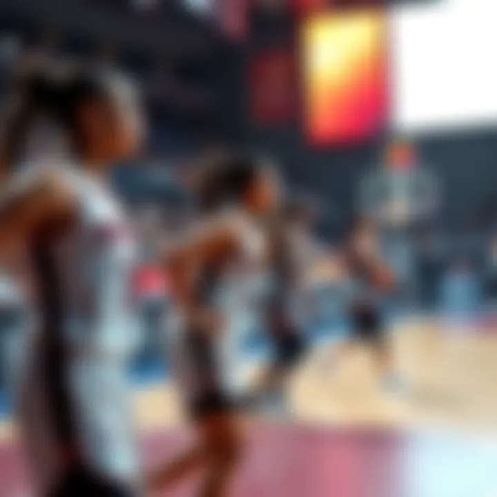 A group of WNBA players during a game, showing intense competition and teamwork, with fans in the stands watching closely.