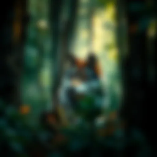 A wolf partially hidden among trees in a dense forest, showcasing its natural habitat.