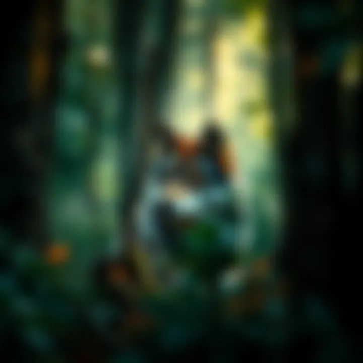 A wolf partially hidden among trees in a dense forest, showcasing its natural habitat.