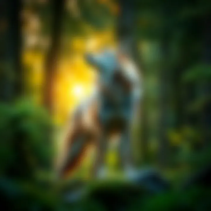 Wolf symbolizing strength A powerful wolf standing proudly in a lush green forest, representing strength and hope, with a hint of sunlight breaking through the trees.