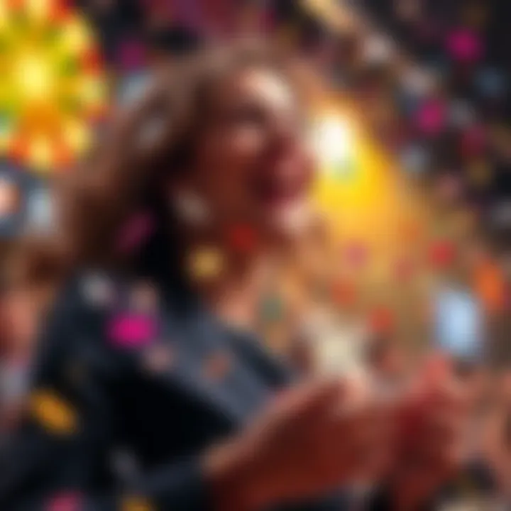 A woman joyfully celebrating her first big win in a bonus round, surrounded by confetti and cash