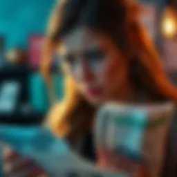 A worried woman looking at bills with a distressed expression, representing financial struggles due to a partner's gambling addiction.