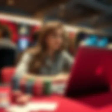 A concerned woman sits at a table with poker chips and a laptop, showing signs of distress regarding her husband's gambling habits.