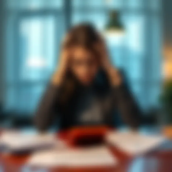 A woman sitting at a table with her hands holding her head, looking thoughtful and concerned. Papers and a calculator are spread out in front of her, symbolizing financial struggles. She appears determined to find a way to improve her situation.